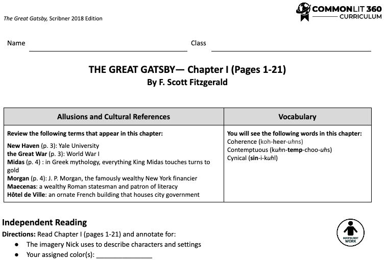 A screenshot from the chapter guide of The Great Gatsby.