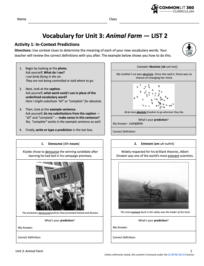 This is a screenshot of the unit's vocabulary activities, including Activity 1 which is an in-context predictions activity.