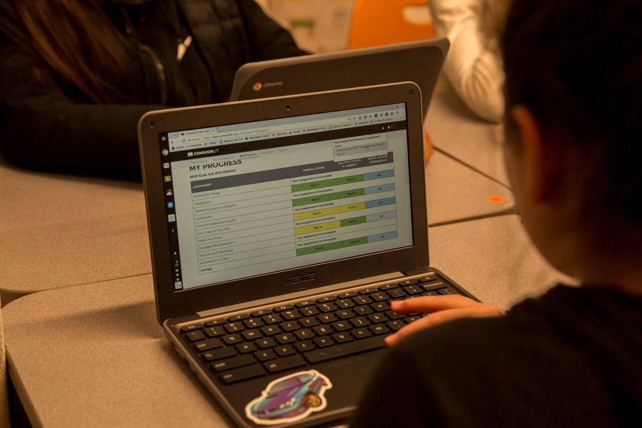 Un estudiante mira los datos de su tarea en CommonLit.org.