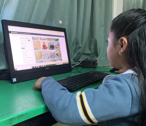 Un estudiante trabajando en una computadora. 