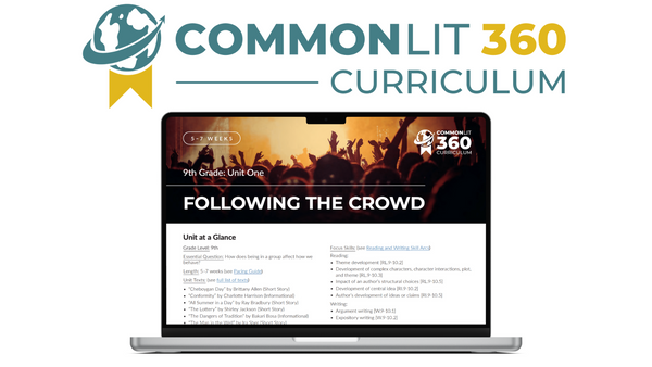 The unit guide for 9th Grade Unit 1 is shown on a computer screen underneath the CommonLit 360 Curriculum logo. 