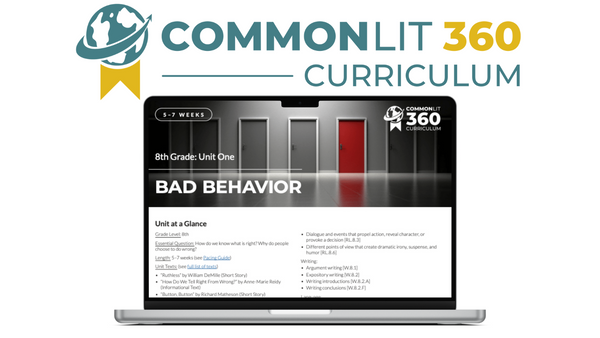 A screenshot of the 8th Grade Unit 1 on a computer with the logo "CommonLit 360 Curriculum" over it.